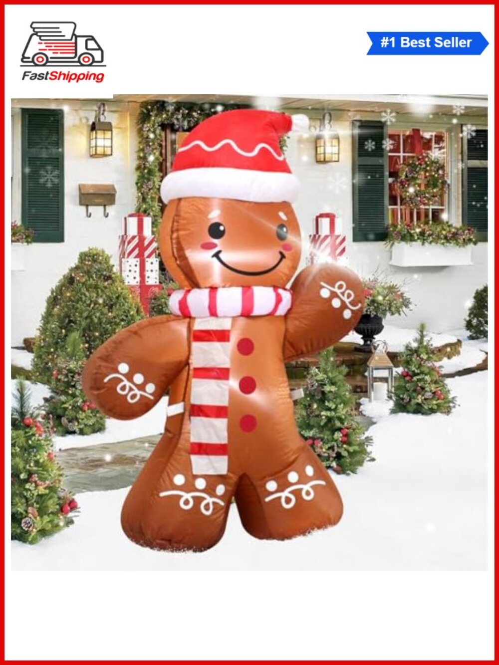 🎅 4 Ft Inflatable Gingerbread Man Christmas Yard Decoration LED Santa Hat
